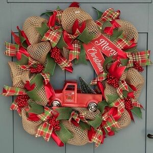 Red Truck Christmas Wreath Farmhouse Plaid Rustic Holiday Decor Made to Order